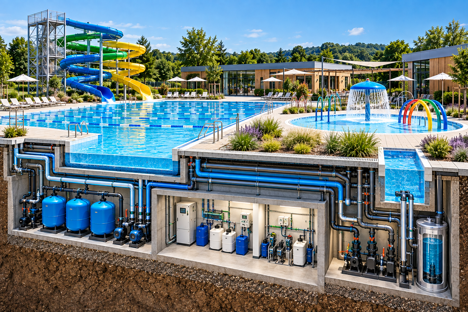 Elektroinstalace pro aquacentra — bazénový areál se skluzavkami a technologickým zázemím