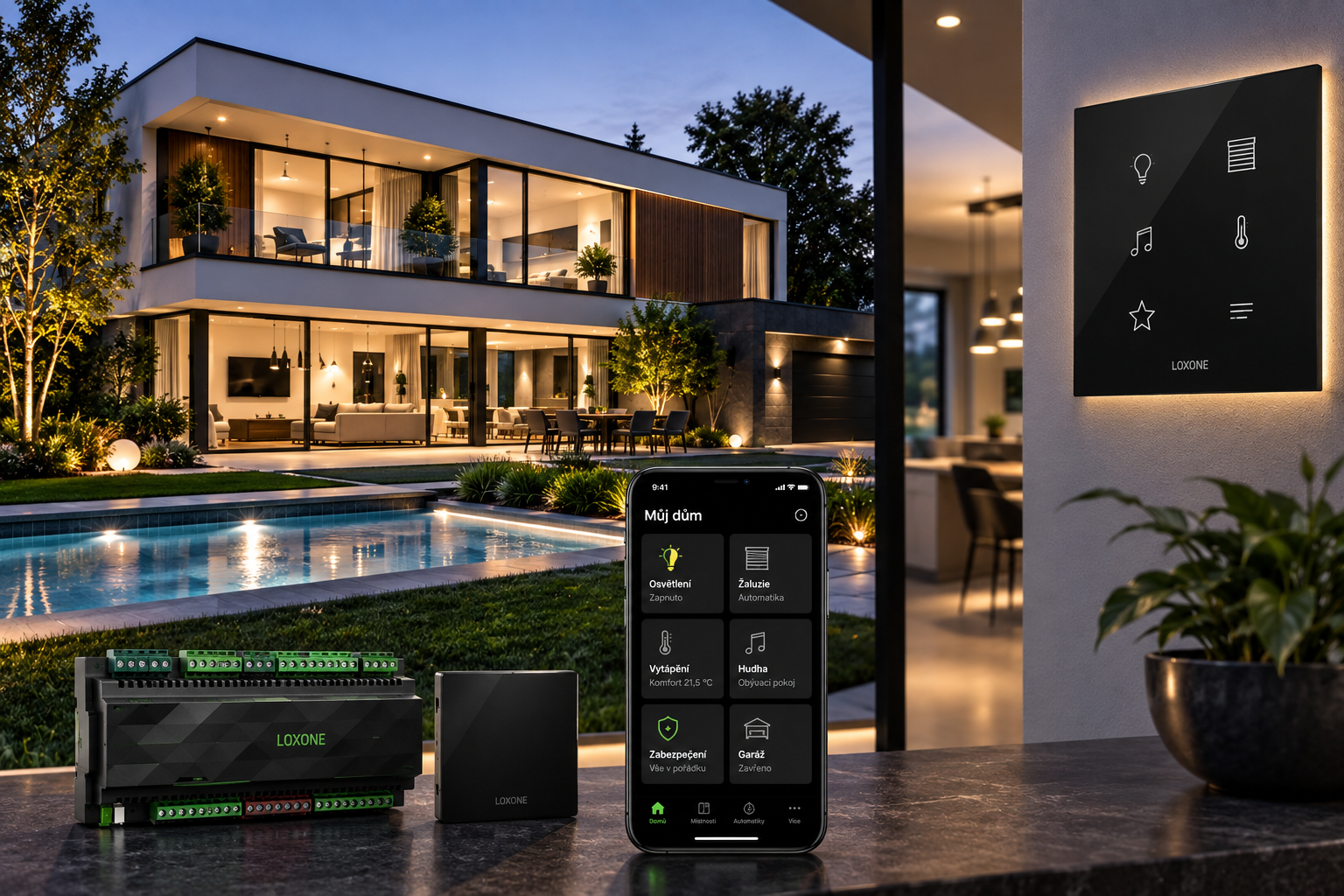 Elektroinstalace inteligentních domů — chytrá domácnost LightPower s ovládáním na mobilu a nástěnném panelu