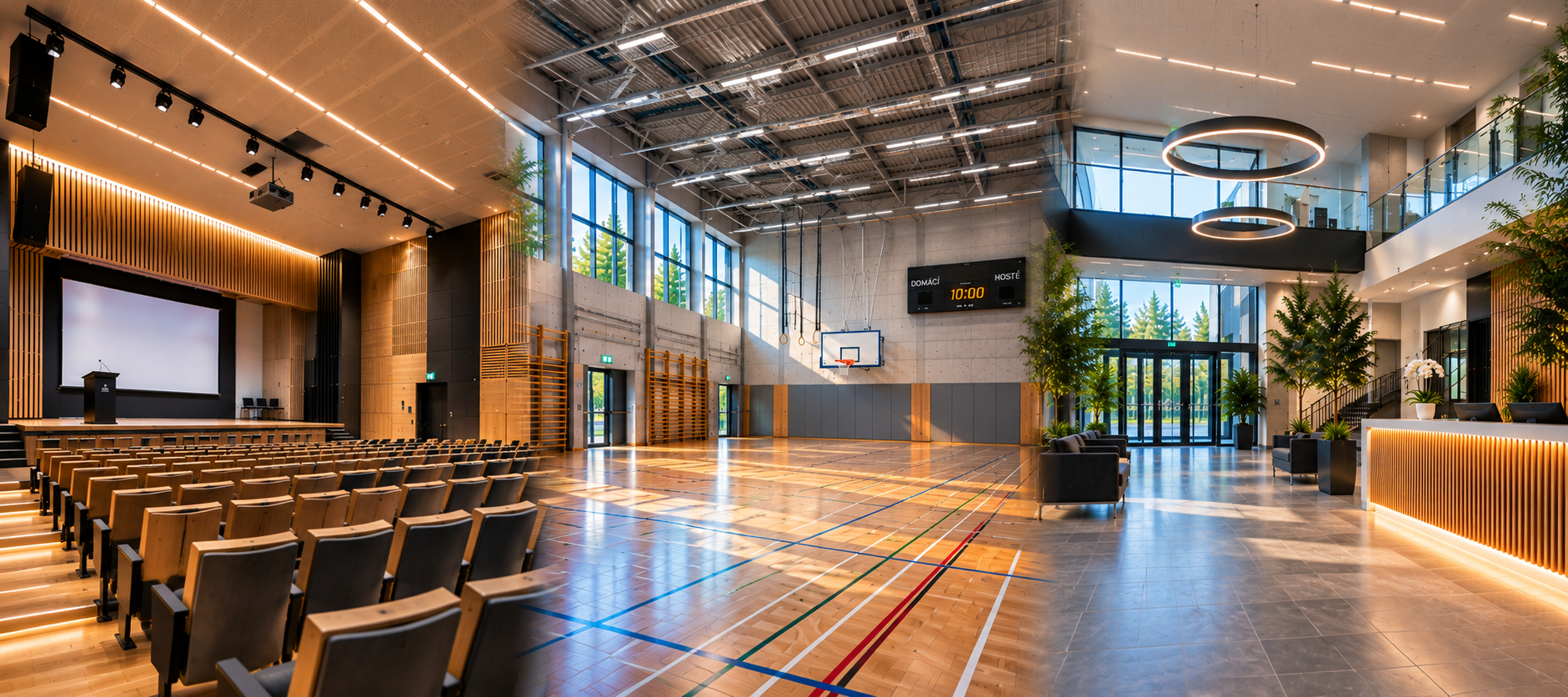 Elektroinstalace komerčních budov — konferenční sál, sportovní hala a recepce s osvětlením LightPower