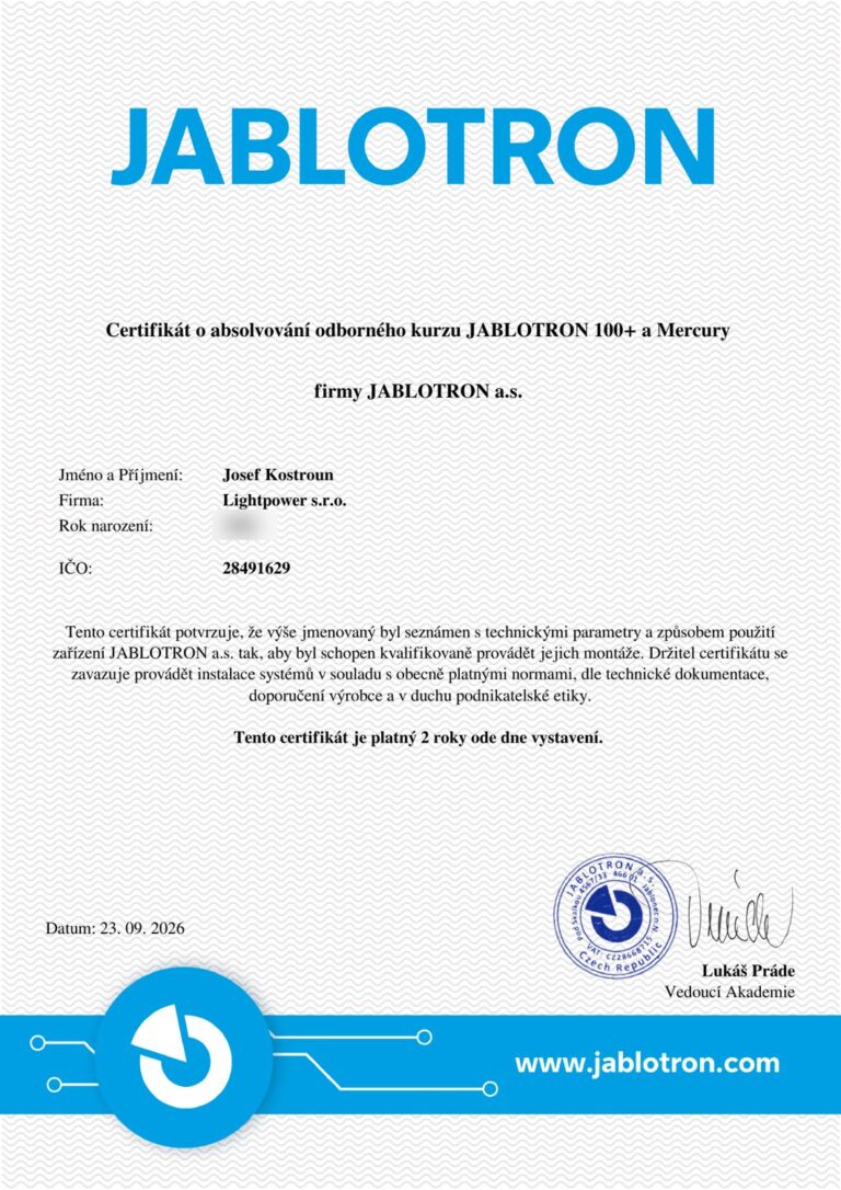 JABLOTRON 100+ a Mercury — JABLOTRON a.s., LightPower s.r.o.