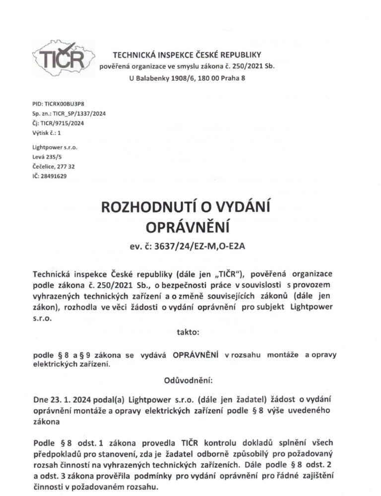 Oprávnění k montáži a opravám elektrických zařízení — Technická inspekce ČR (TIČR), LightPower s.r.o.